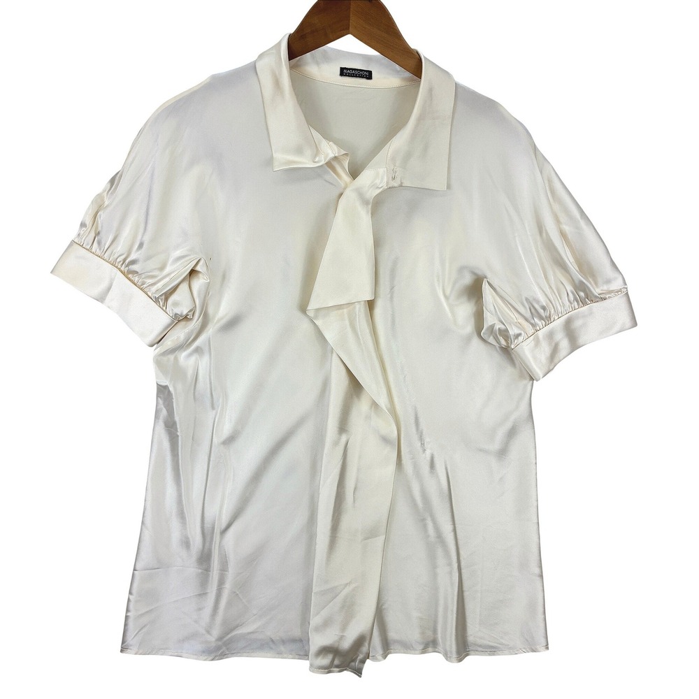 Magaschoni Blouse Women's L Ivory Ruffle Front Short Sleeve Office Flaw